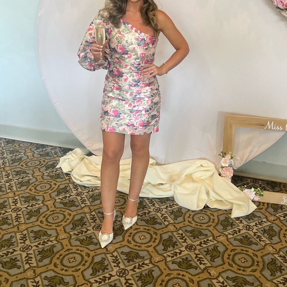 LoveShackFancy one shoulder floral satin mini dress